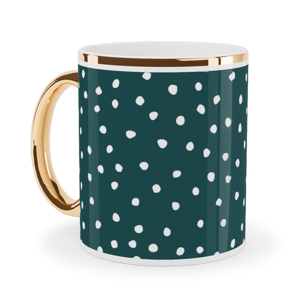 Dots - White on Emerald Ceramic Mug, Gold Handle,  , 11oz, Green