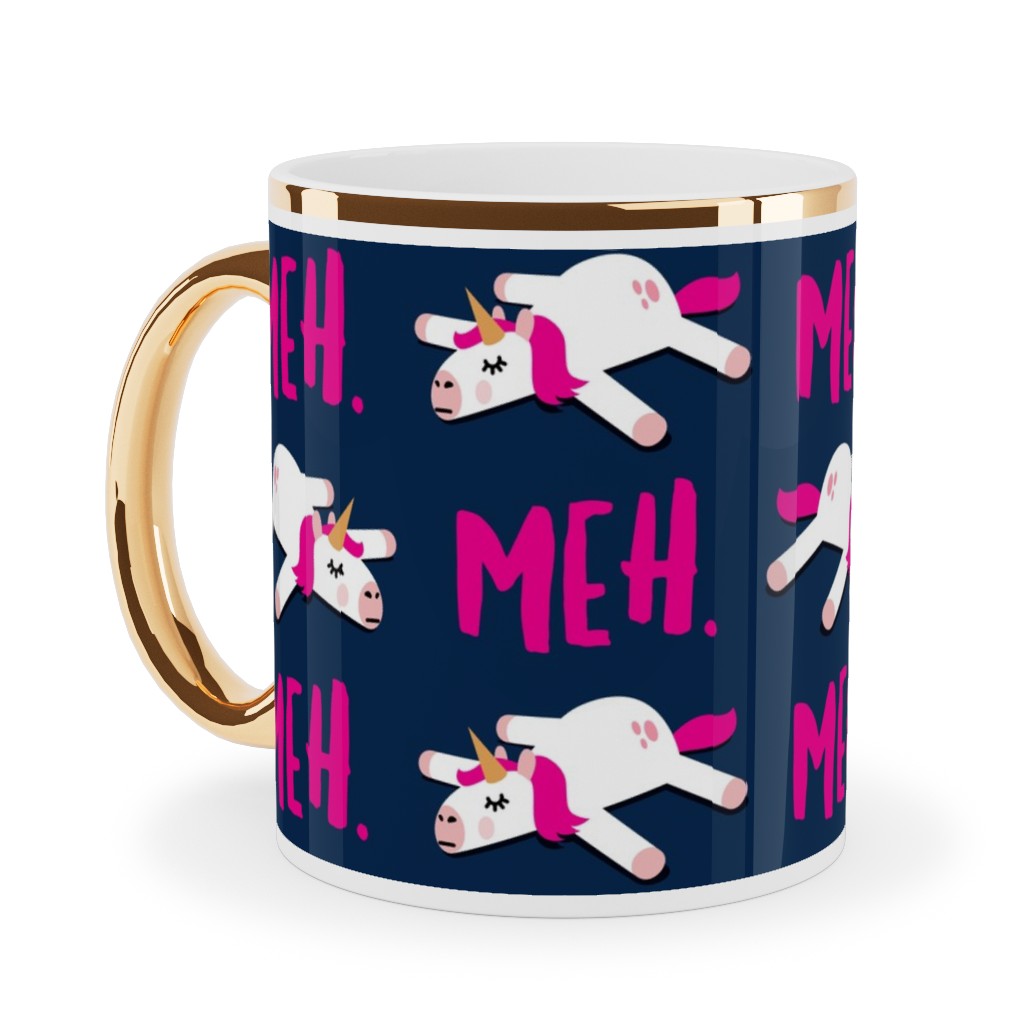 Meh - Splooting Unicorns - Pink on Navy Ceramic Mug, Gold Handle, , 11oz, Pink, Bright Pink
