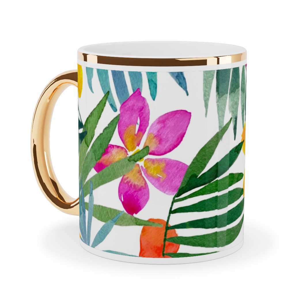 Watercolor Tropical Vibes - Multi Ceramic Mug, Gold Handle, , 11oz, Multicolor