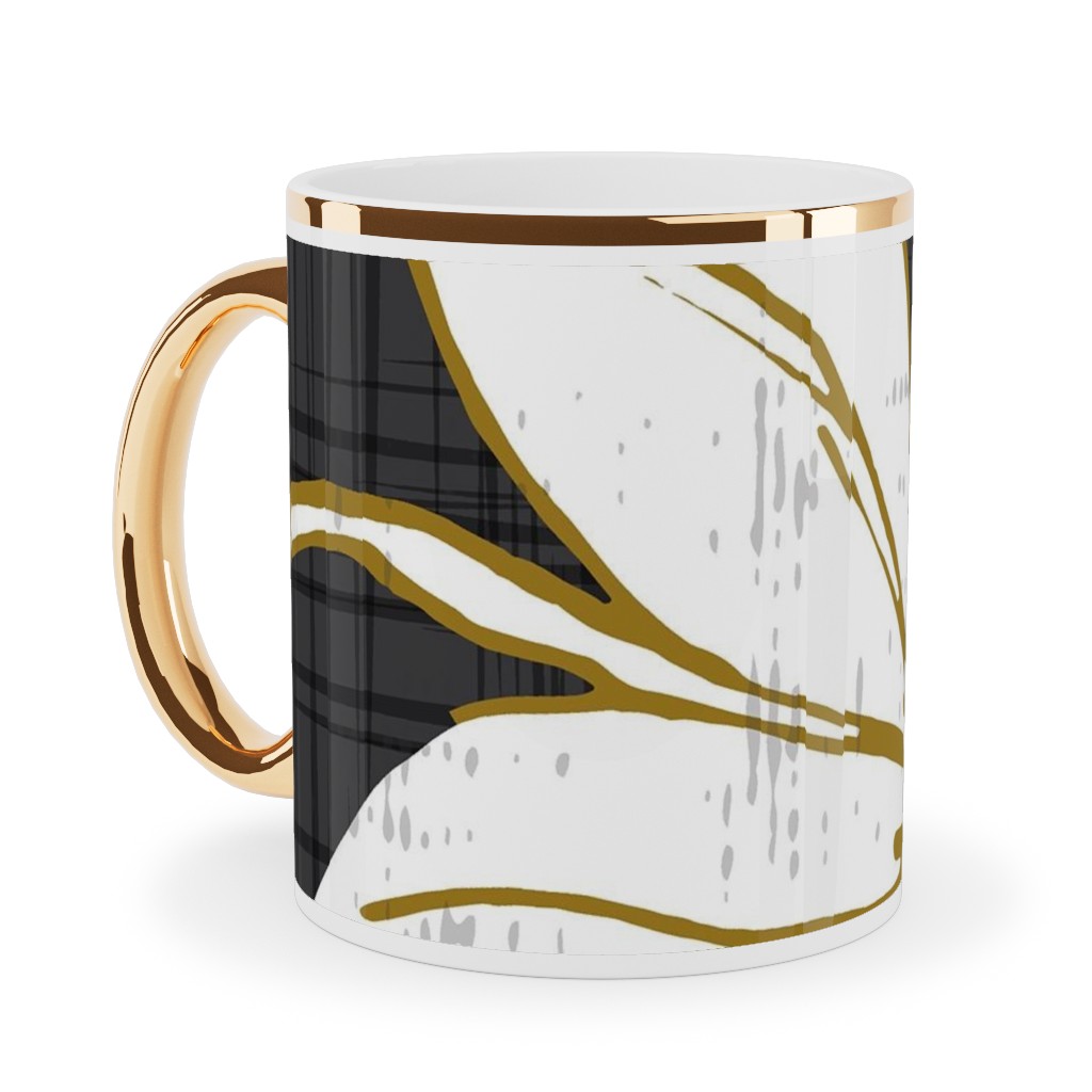 Lilium - Floral - Charcoal Black & White Ceramic Mug, Gold Handle, , 11oz, Black, Black
