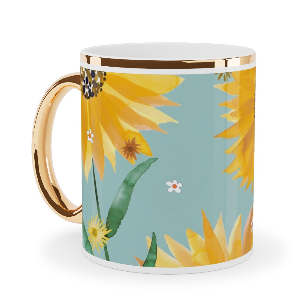 Watercolor Sunflowers - Yellow on Blue Ceramic Mug, Gold Handle, , 11oz, Yellow, Classic Yellow