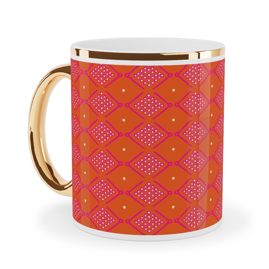 Tribal Geometric - Orange Ceramic Mug, Gold Handle,  , 11oz, Orange