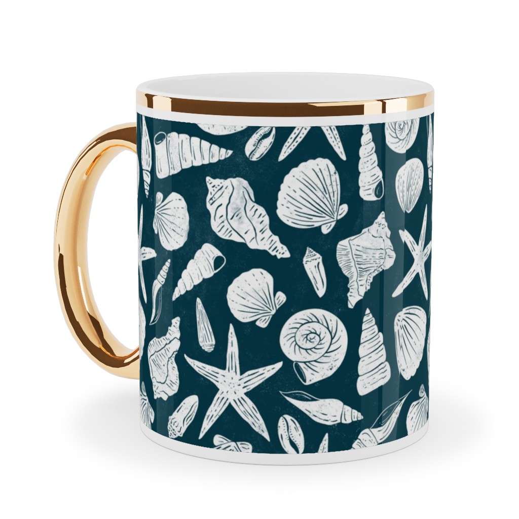 Textured Ocean Seashells - Dark Blue and Cream Ceramic Mug, Gold Handle, , 11oz, Blue, True Blue