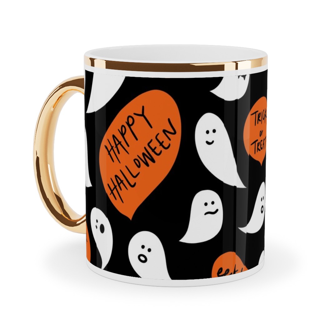 Halloween Ghosts Happy Halloween Ceramic Mug, Gold Handle,  , 11oz, Black