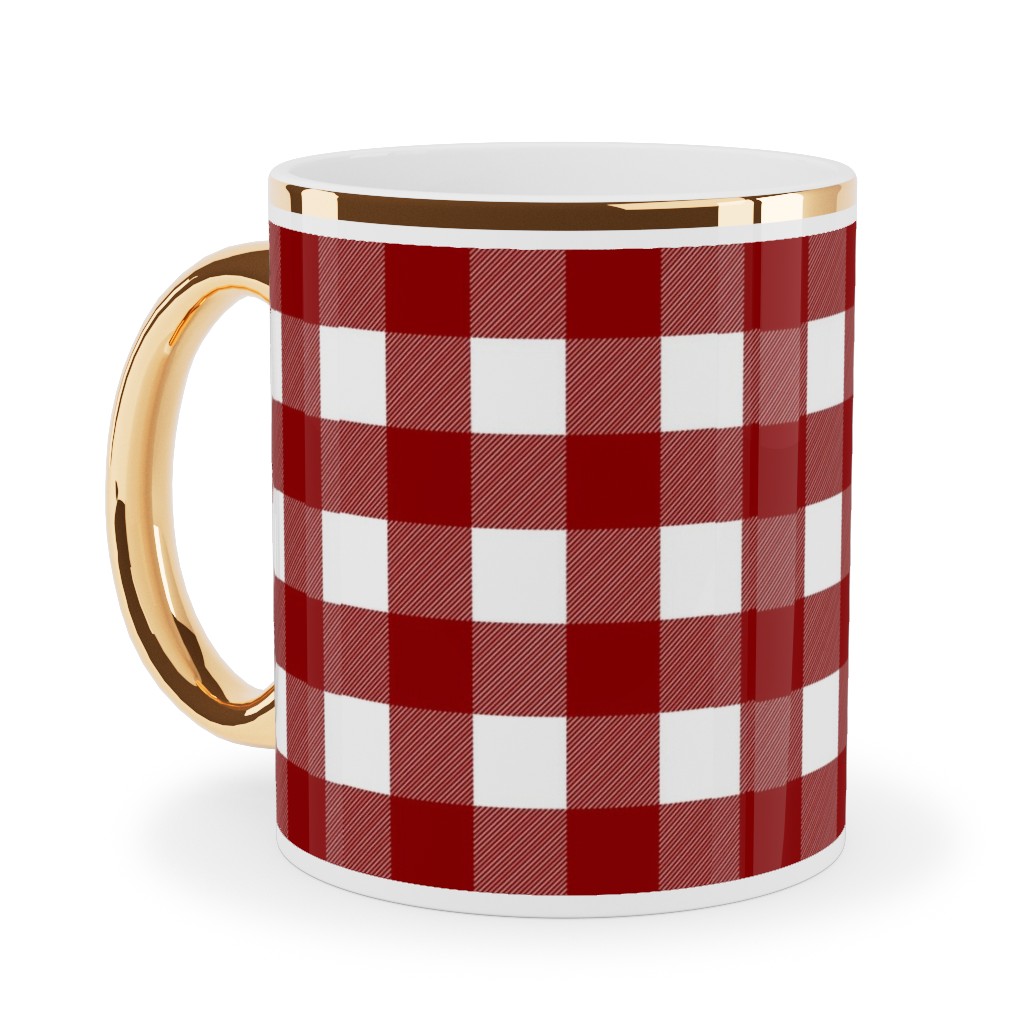 Traditional Red Buffalo Plaid Ceramic Mug, Gold Handle,  , 11oz, Red