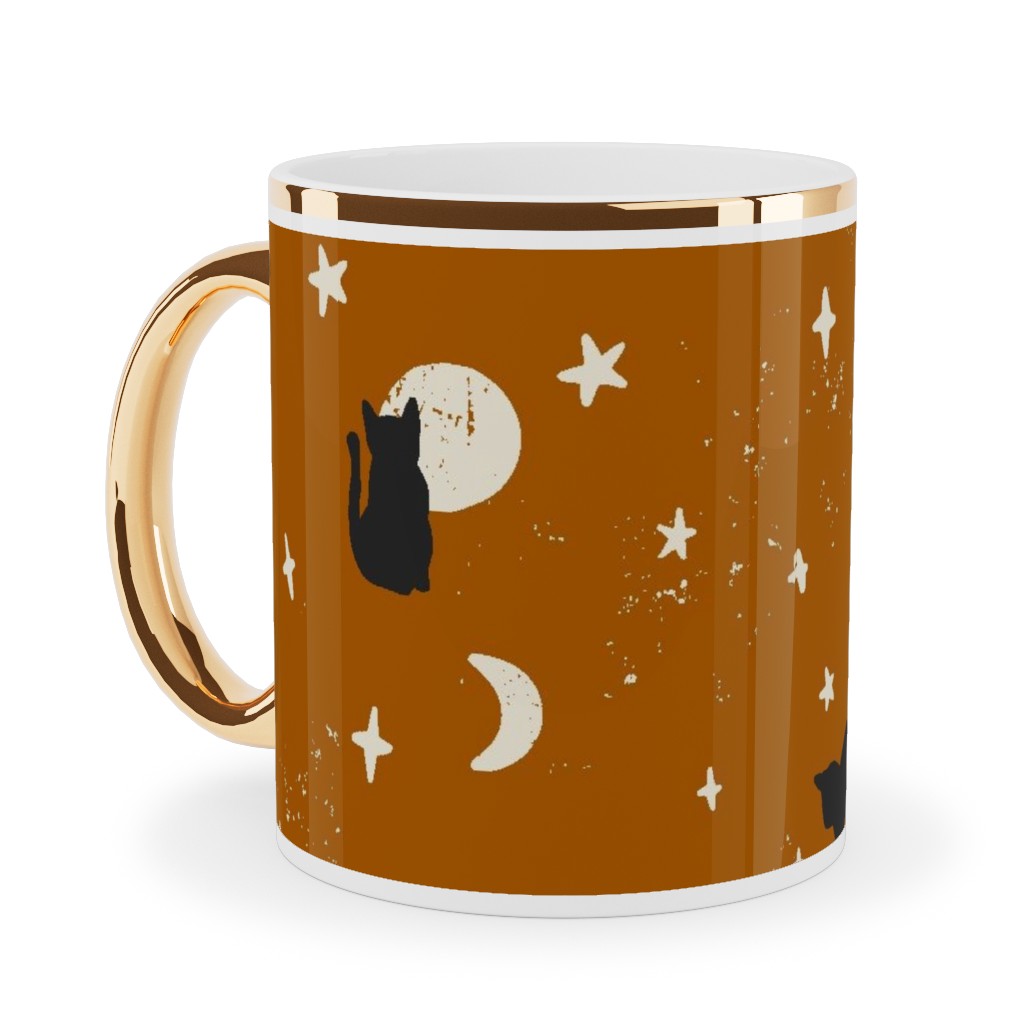 Black Cats - Burnt Orange Ceramic Mug, Gold Handle, , 11oz, Orange, Orange
