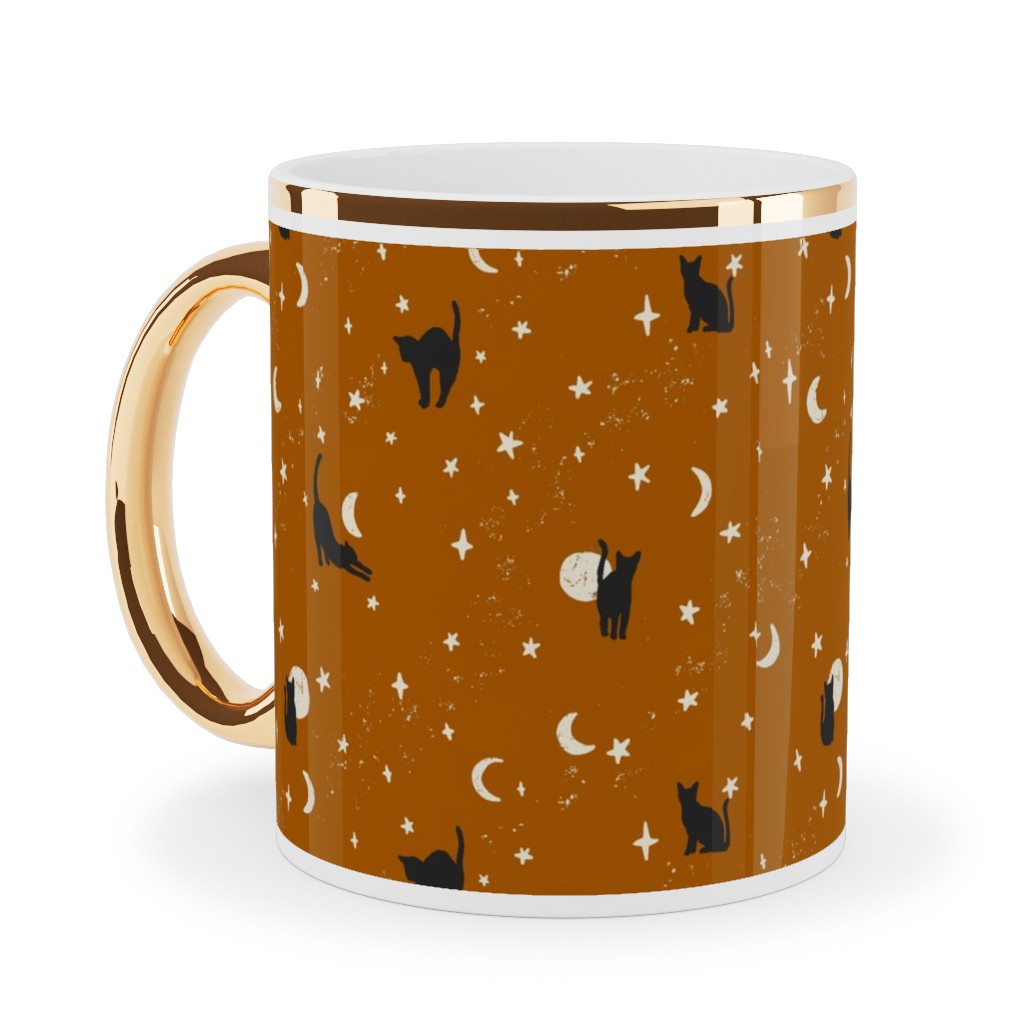 Halloween Black Cats - Orange Ceramic Mug, Gold Handle,  , 11oz, Orange