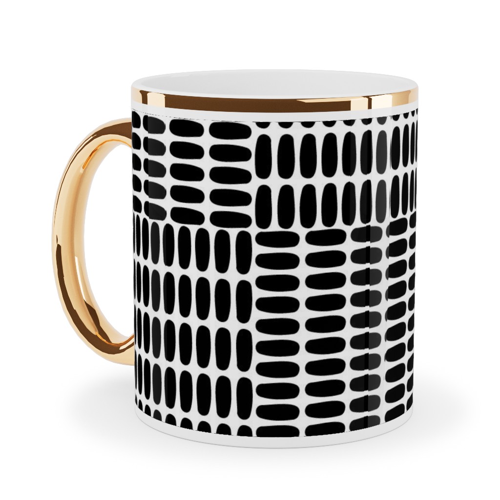 Basketweave - Neutral Ceramic Mug, Gold Handle, , 11oz, Black, Black