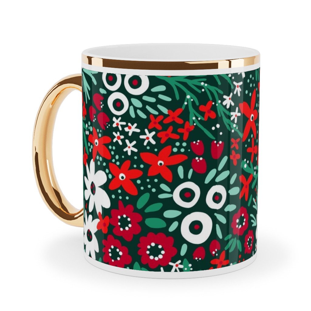 Rustic Floral - Holiday Red and Green Ceramic Mug, Gold Handle, , 11oz, Green, Classic Green