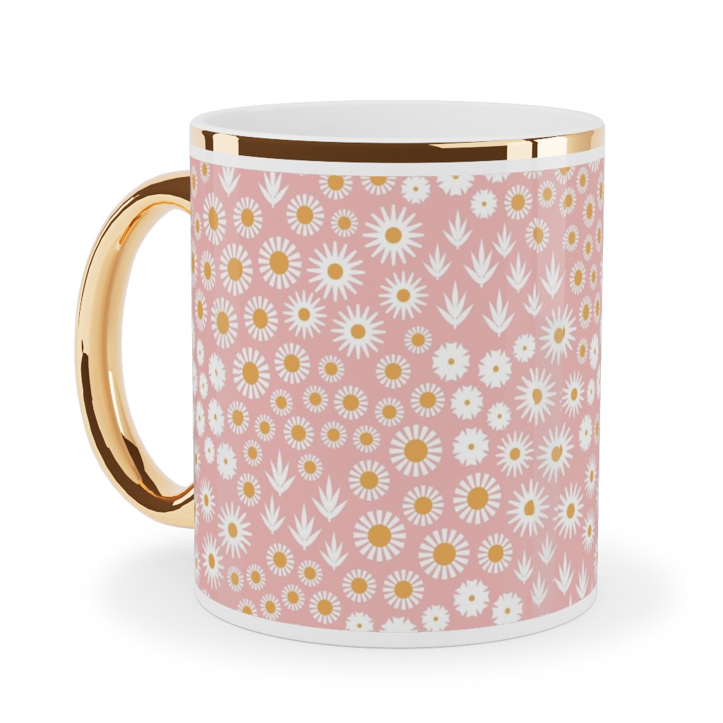 Ditsy Flowers - Pink Ceramic Mug, Gold Handle, , 11oz, Pink, Bright Pink