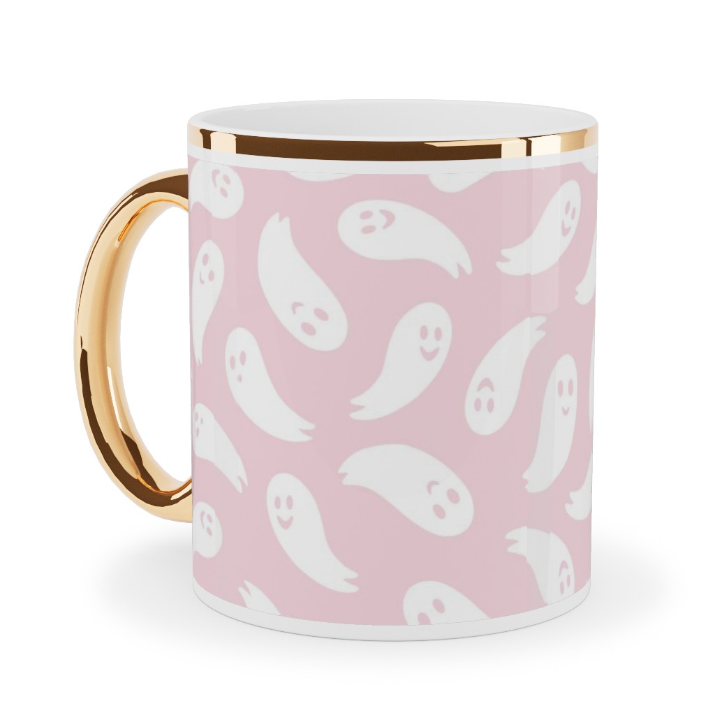 Happy Ghosts - Pink Ceramic Mug, Gold Handle,  , 11oz, Pink