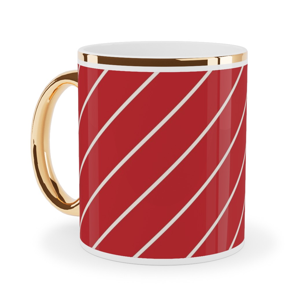 Diagonal Stripes on Christmas Red Ceramic Mug, Gold Handle, , 11oz, Red, Red