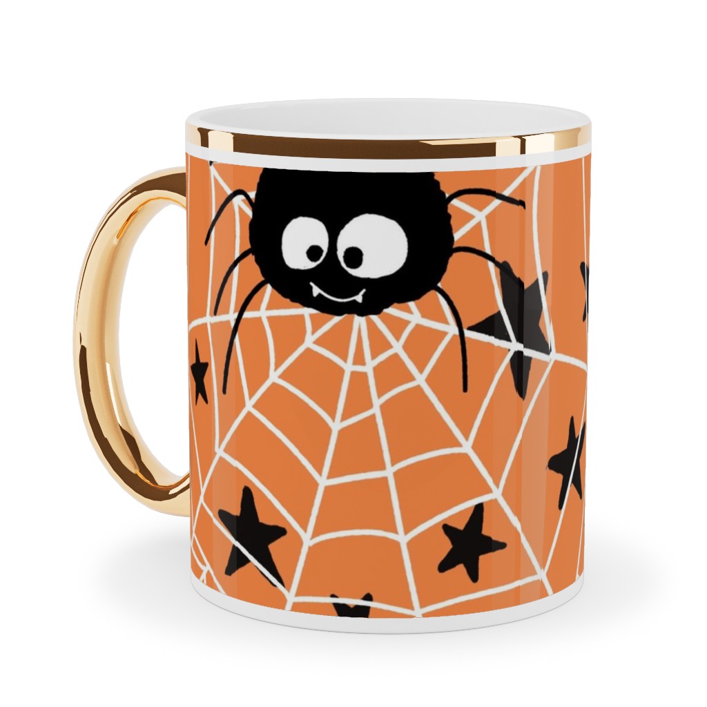 Cute Hand-Drawn Spider Halloween - Orange Ceramic Mug, Gold Handle, , 11oz, Orange, Orange