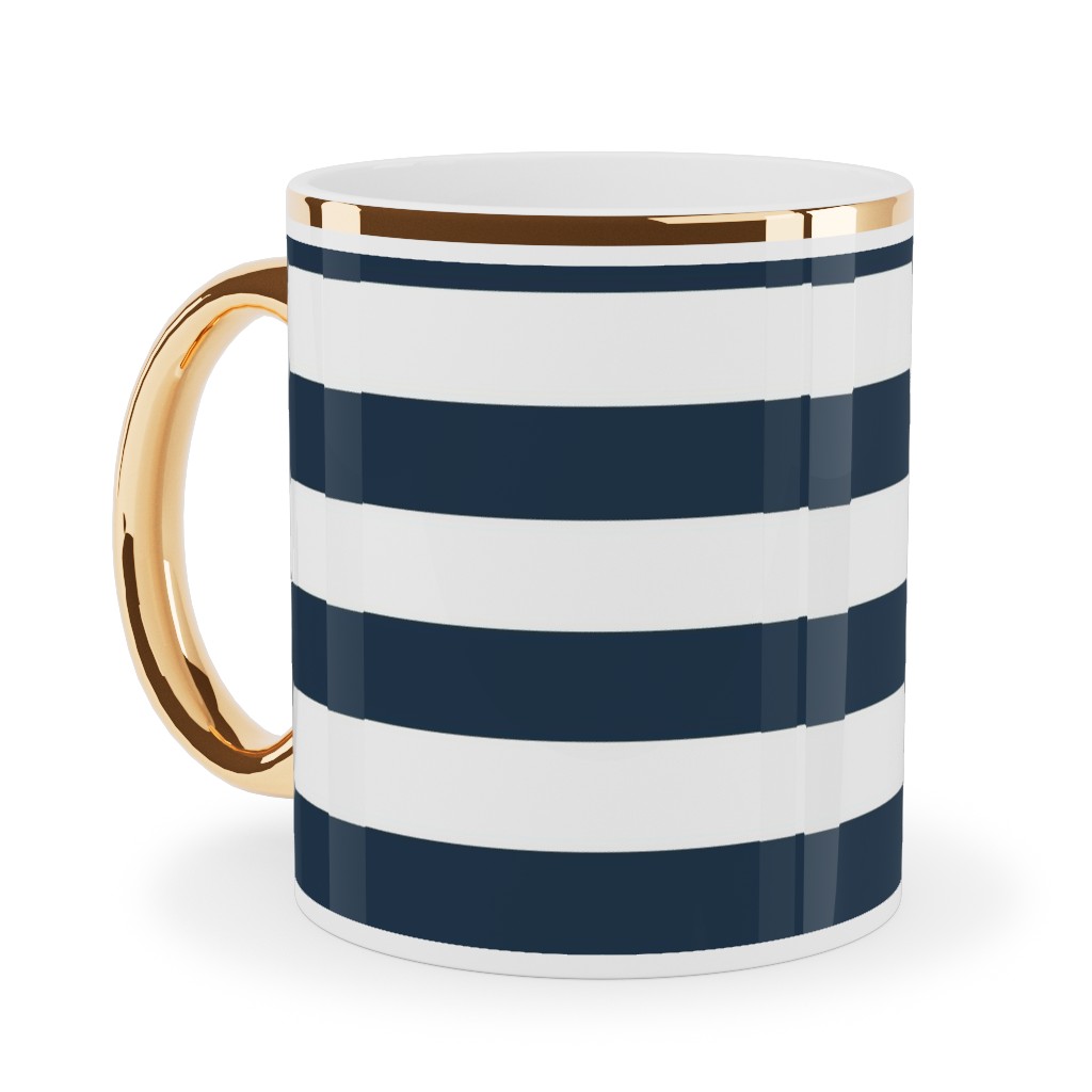 Simple Horizontal Stripe Ceramic Mug, Gold Handle, , 11oz, Blue, Navy