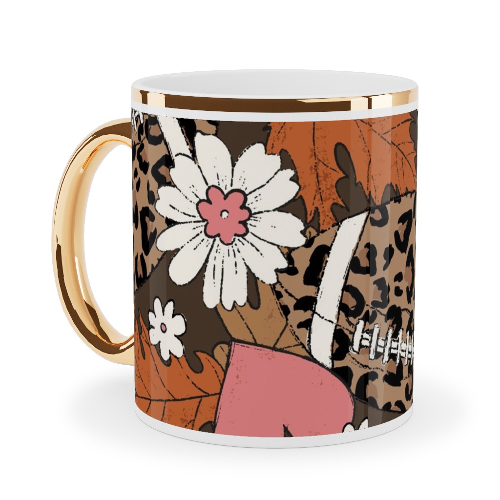 Football Fall and Florals Ceramic Mug, Gold Handle, , 11oz, Brown, Sienna Brown