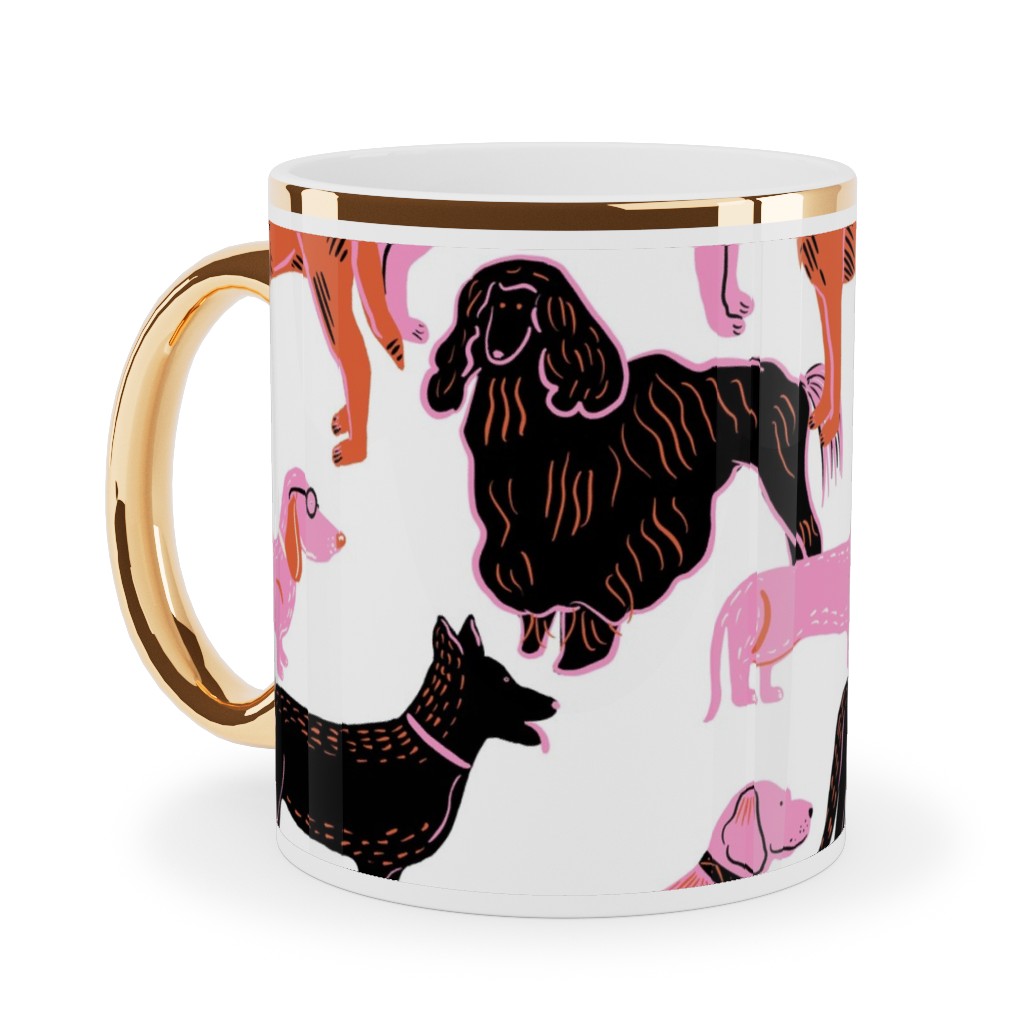 Goofy Dog Friends Ceramic Mug, Gold Handle, , 11oz, White, White