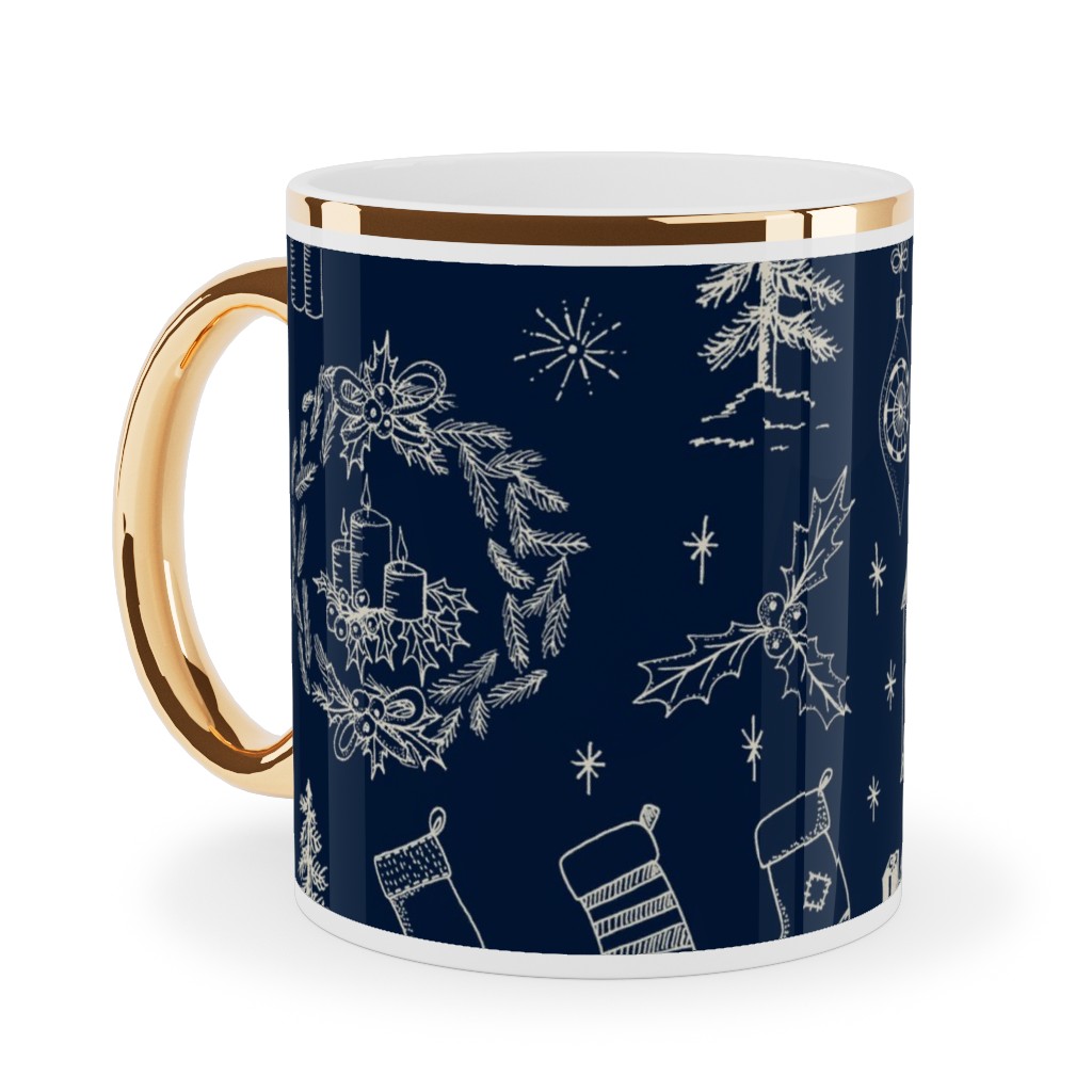 Christmas Toile - Starry Night Ceramic Mug, Gold Handle, , 11oz, Blue, True Blue