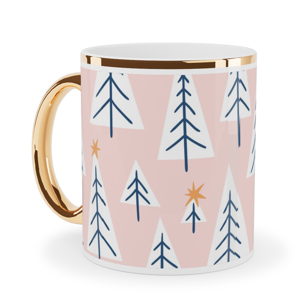 Christmas Forest on Pink Ceramic Mug, Gold Handle, , 11oz, Pink, Bright Pink