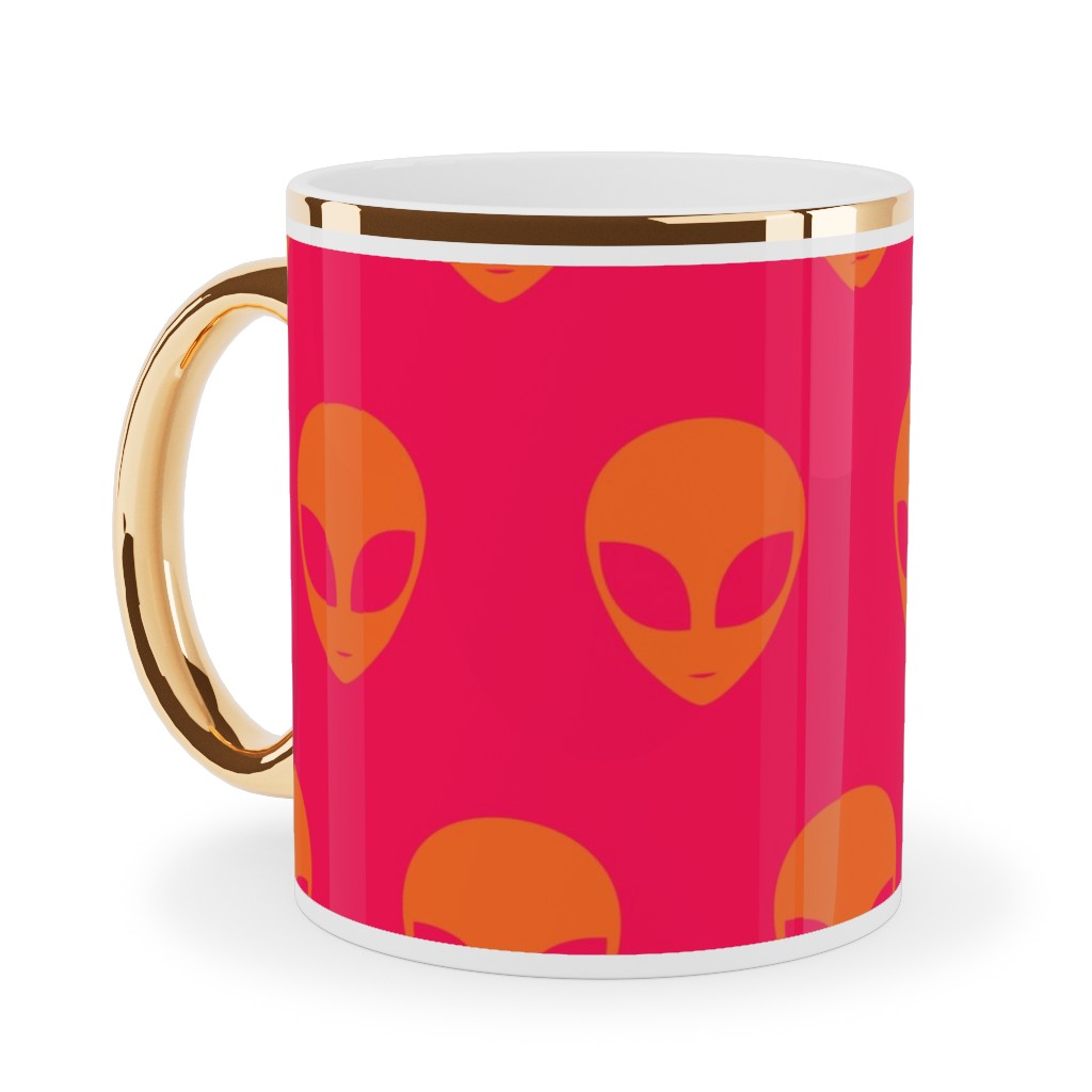 Retro Alien Heads Ceramic Mug, Gold Handle, , 11oz, Pink, Red Lantern