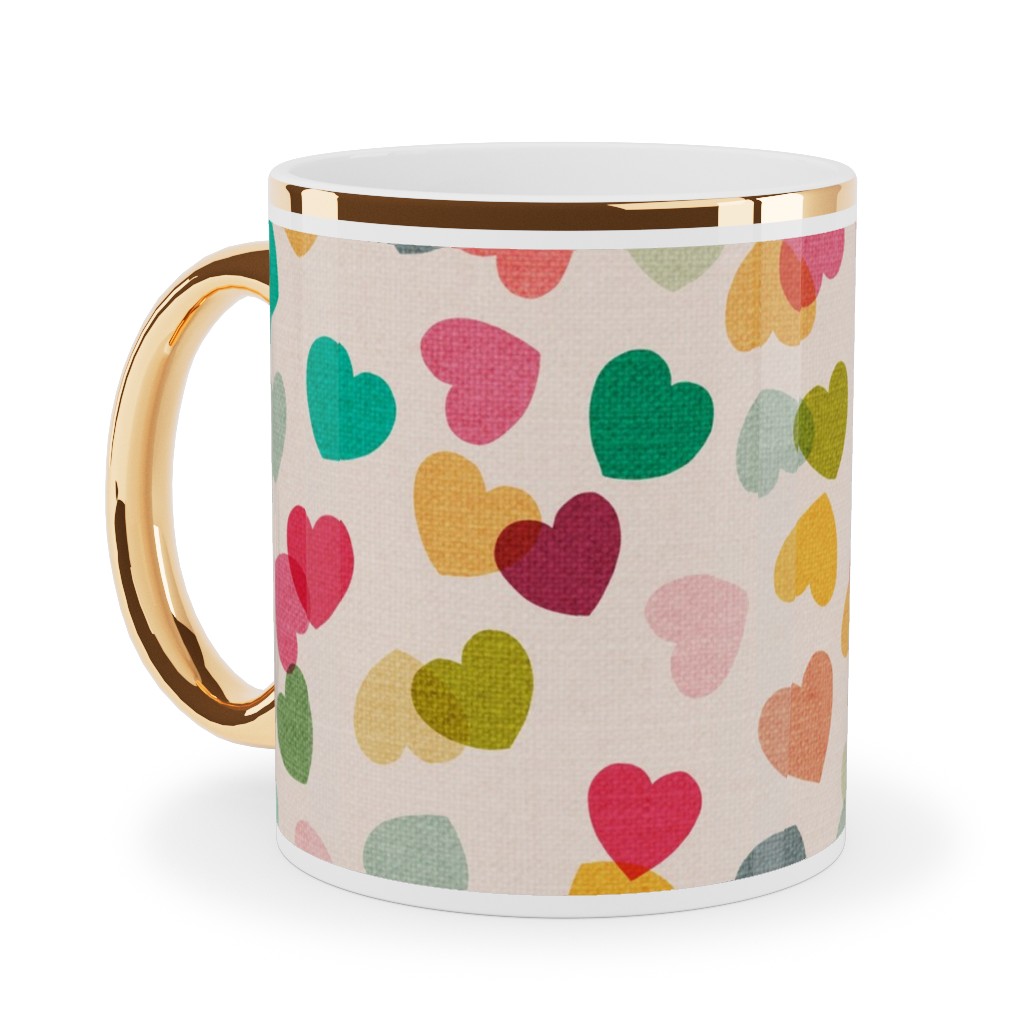 Heart Confetti - Pink Multi Ceramic Mug, Gold Handle, , 11oz, Multicolor