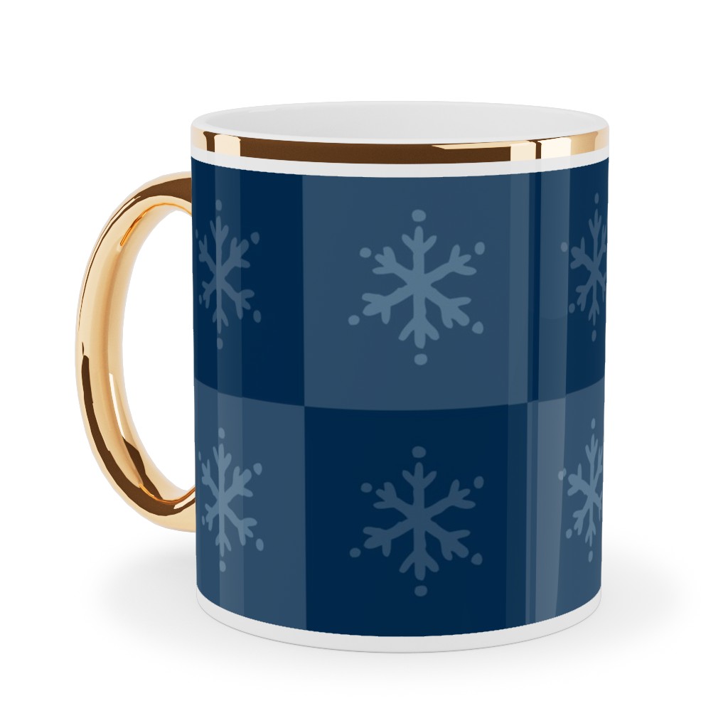 Scandi Cozy Winter Checkered Blue Snowflake Ceramic Mug, Gold Handle, , 11oz, Blue, True Blue