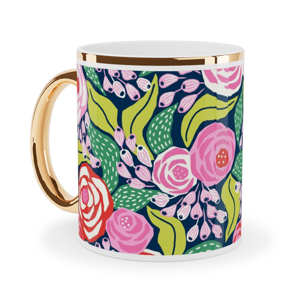 Colourful Papercut Roses - Pink on Dark Blue Ceramic Mug, Gold Handle,  , 11oz, Pink