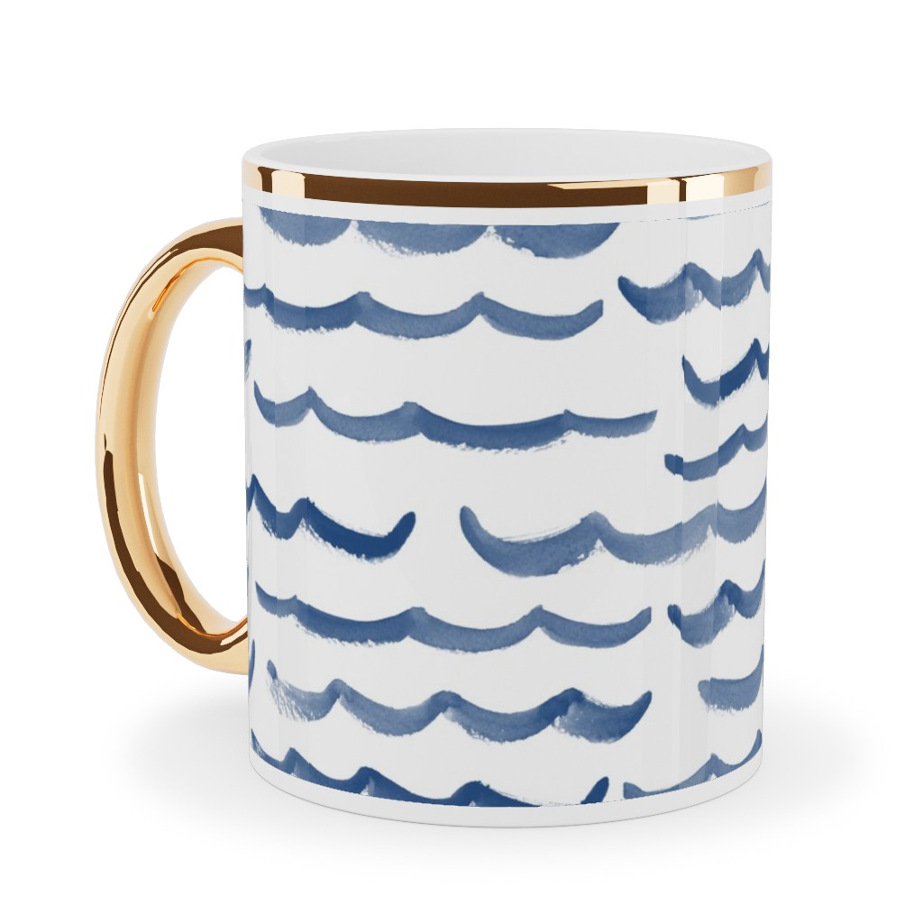 Ocean Waves Ceramic Mug, Gold Handle,  , 11oz, White