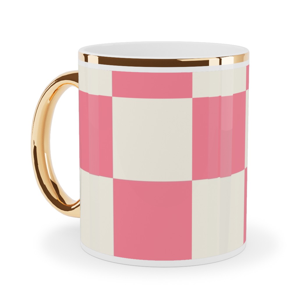 Checkered Pattern - Pink Ceramic Mug, Gold Handle,  , 11oz, Pink