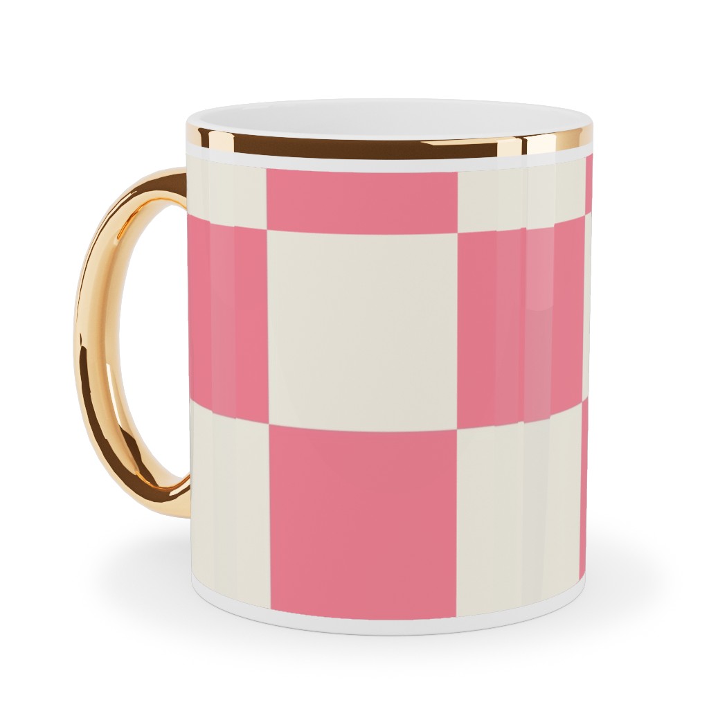 Checkered Pattern - Pink Ceramic Mug, Gold Handle, , 11oz, Pink, Bright Pink