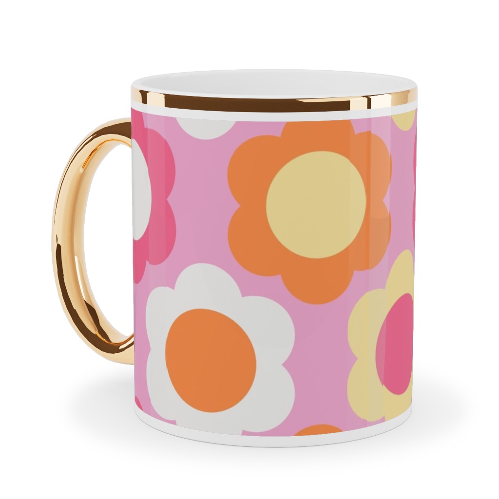 Retro Geometric Flowers - Pink and Orange Ceramic Mug, Gold Handle,  , 11oz, Pink
