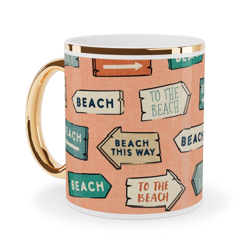 Beach Signs - To the Beach - Peach Ceramic Mug, Gold Handle, , 11oz, Orange, Orange