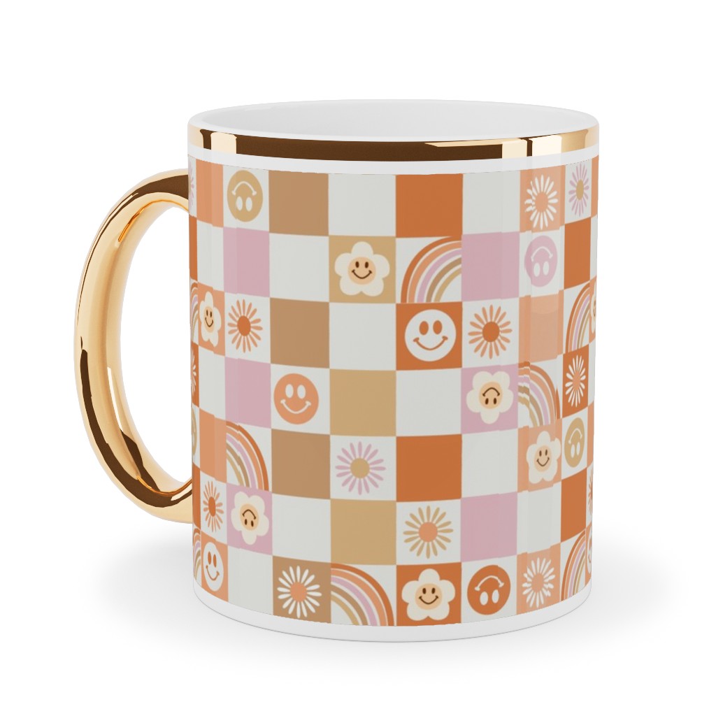 Retro Checkerboard - Daisy, Smile, Happy - Pink Orange Ceramic Mug, Gold Handle, , 11oz, Orange, Orange