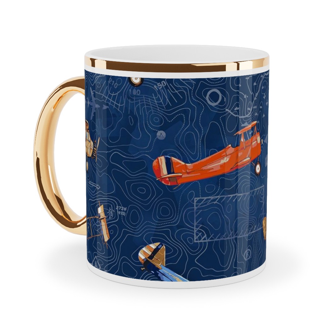 Vintage Airplanes - Blue Ceramic Mug, Gold Handle, , 11oz, Blue, True Blue