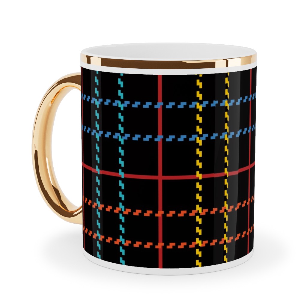 Grid Plaid - Dark Multi Ceramic Mug, Gold Handle, , 11oz, Black, Black