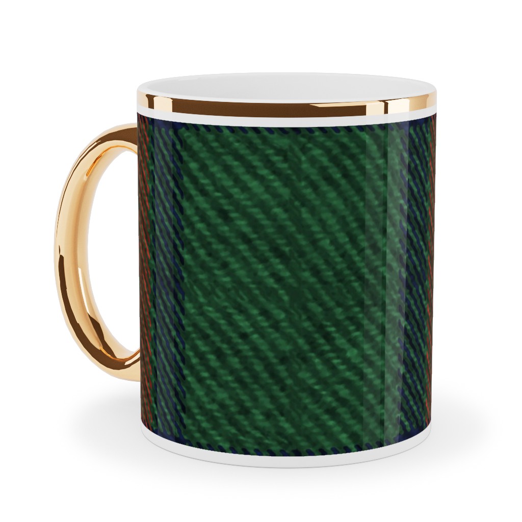 Holiday Tartan Ceramic Mug, Gold Handle,  , 11oz, Green