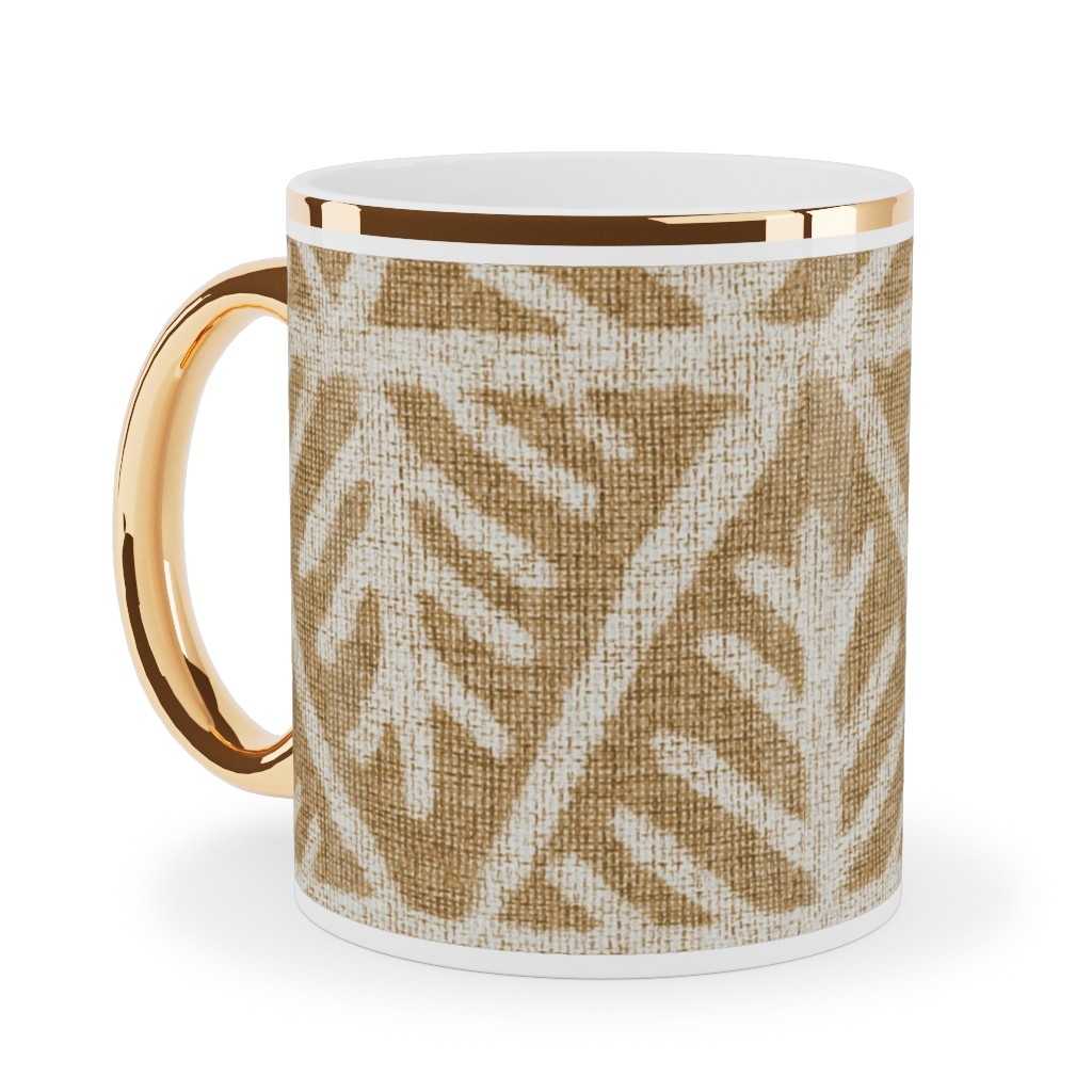 Textured Mudcloth Ceramic Mug, Gold Handle, , 11oz, Brown, Cafe