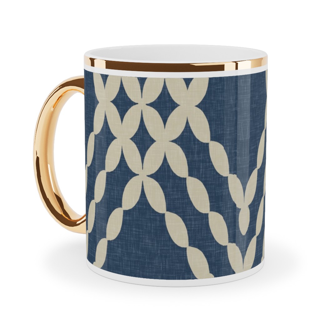 Kensington Lattice - Indigo Ceramic Mug, Gold Handle, , 11oz, Blue, True Blue