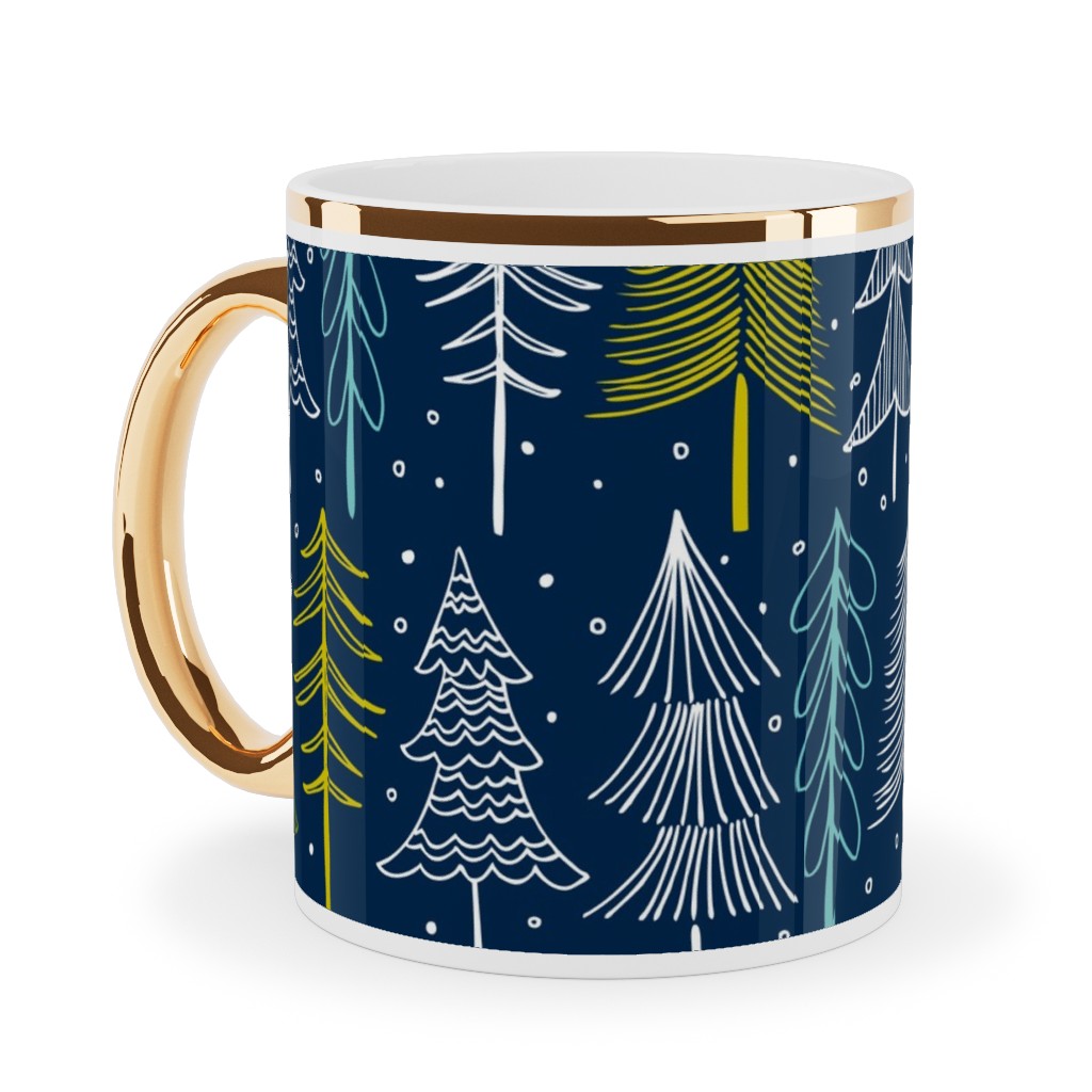 Oh' Christmas Tree Ceramic Mug, Gold Handle, , 11oz, Blue, Silhouette
