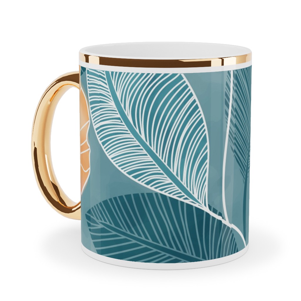 Rose of Sharon - Pink & Blue Ceramic Mug, Gold Handle, , 11oz, Blue, True Blue
