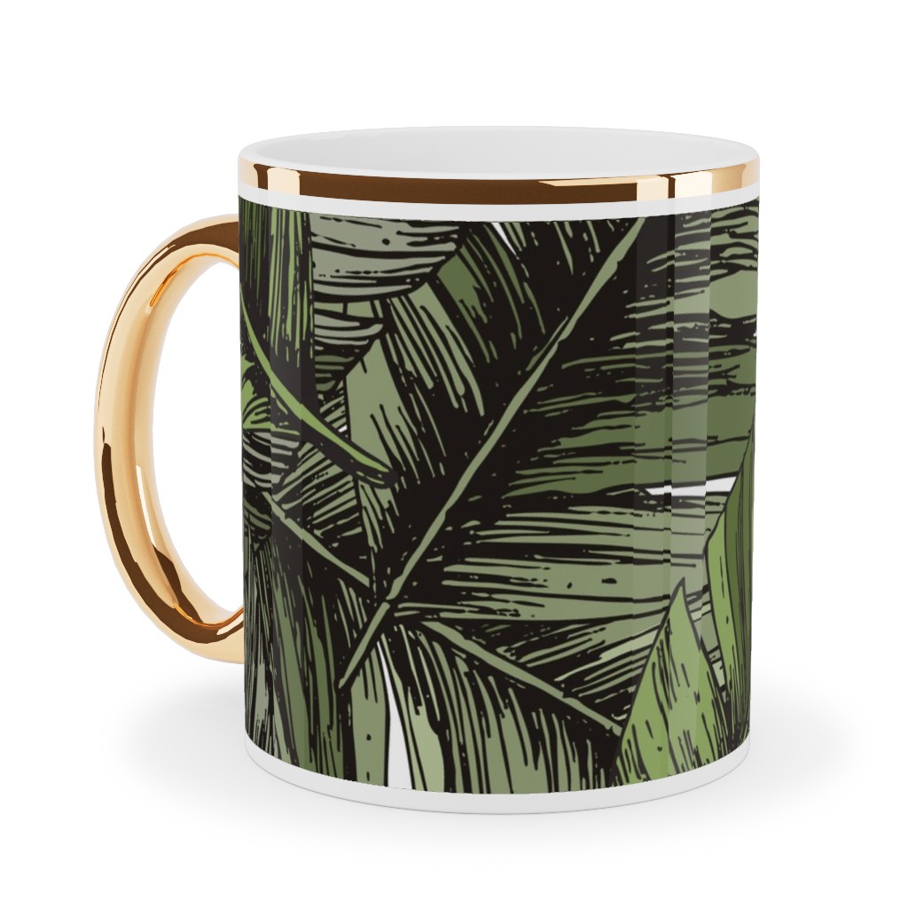 Tropical Palm Leaves - Green Ceramic Mug, Gold Handle, , 11oz, Green, Classic Green
