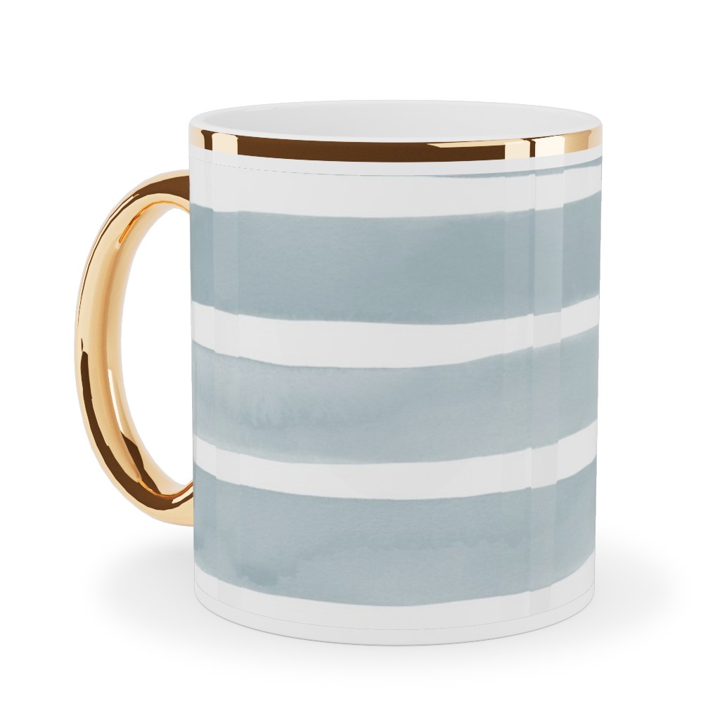 Imperfect Watercolor Stripes Ceramic Mug, Gold Handle,  , 11oz, Blue