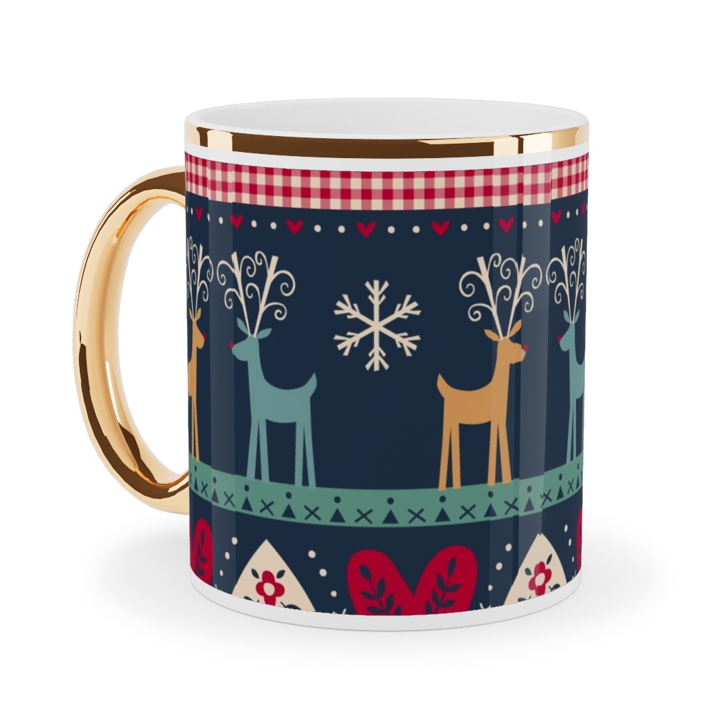 Vintage Nordic Christmas Ceramic Mug, Gold Handle,  , 11oz, Multicolor