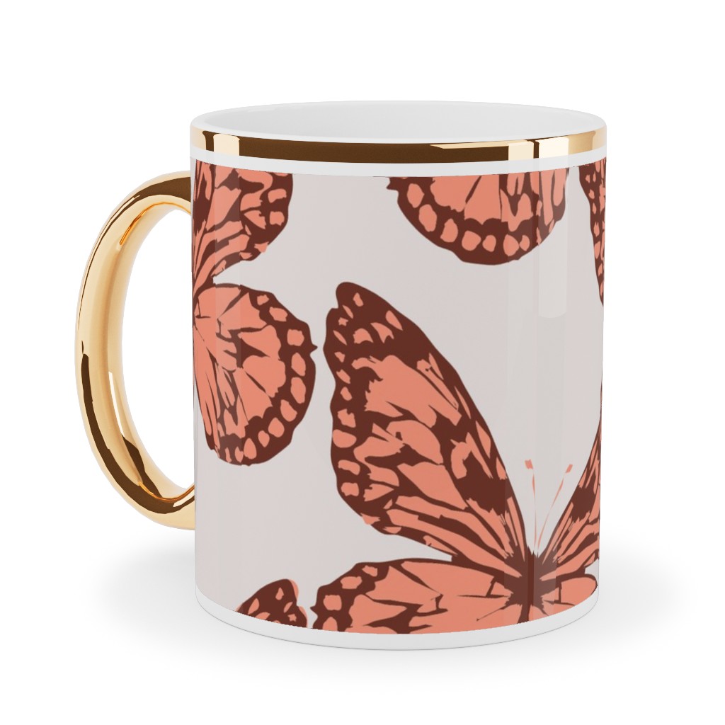 Butterfly Ceramic Mug, Gold Handle, , 11oz, Pink, Priscilla