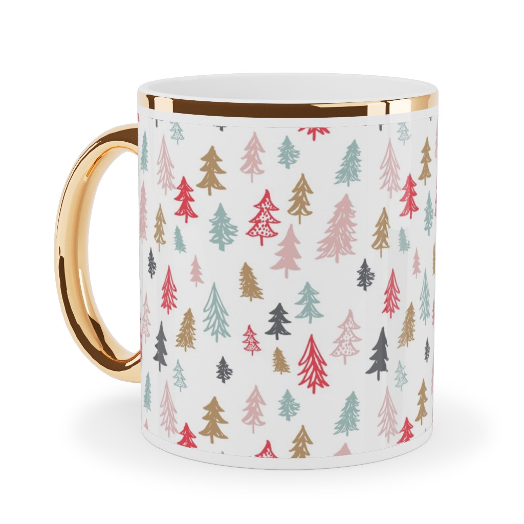 Forest Sketch - Red and Pink Ceramic Mug, Gold Handle,  , 11oz, Red