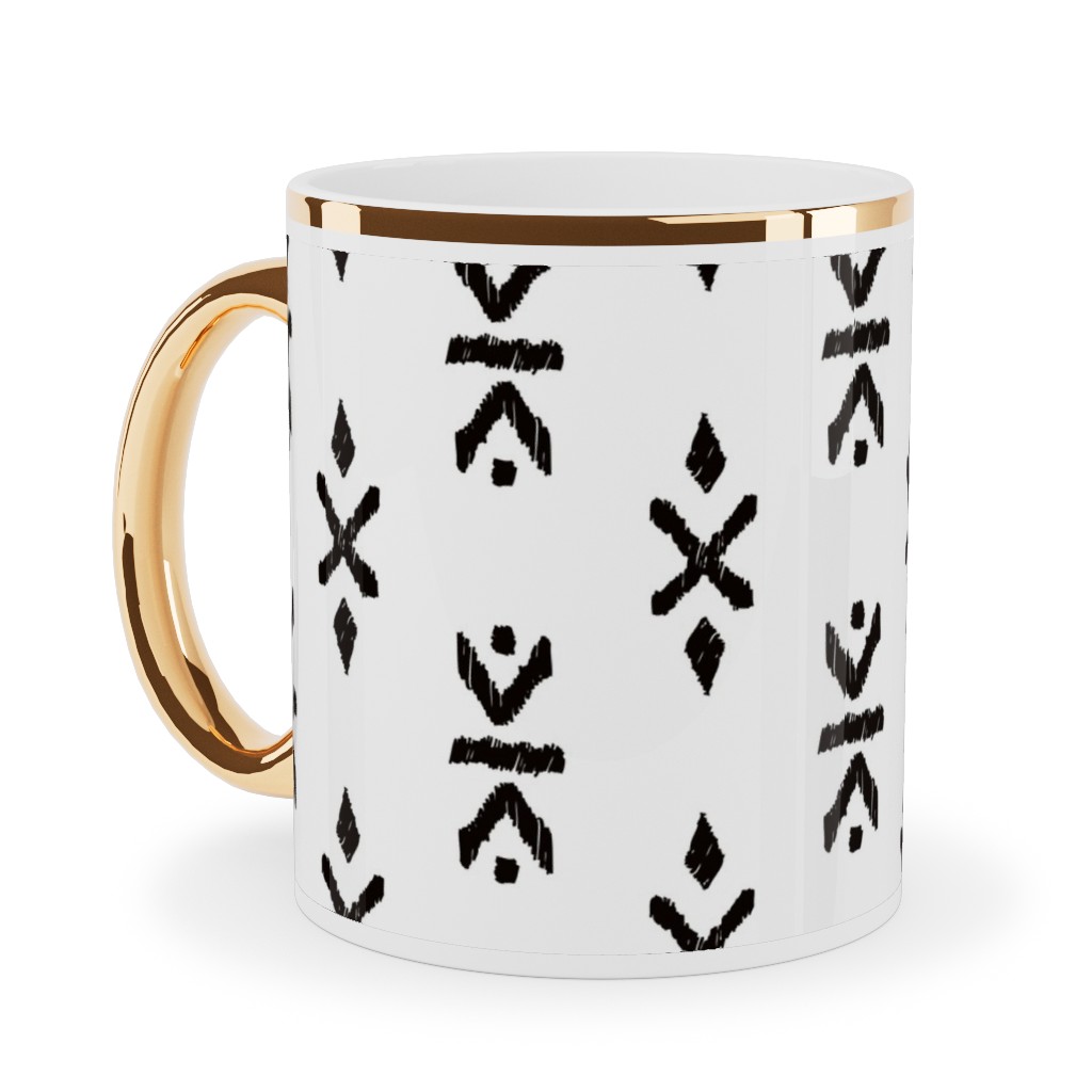 Monochrome Tribal Print - Neutral Ceramic Mug, Gold Handle, , 11oz, White, White