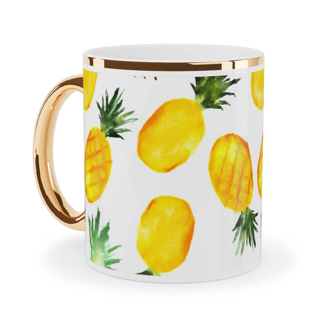 Watercolor Pineapples - Yellow Ceramic Mug, Gold Handle, , 11oz, Yellow, Classic Yellow