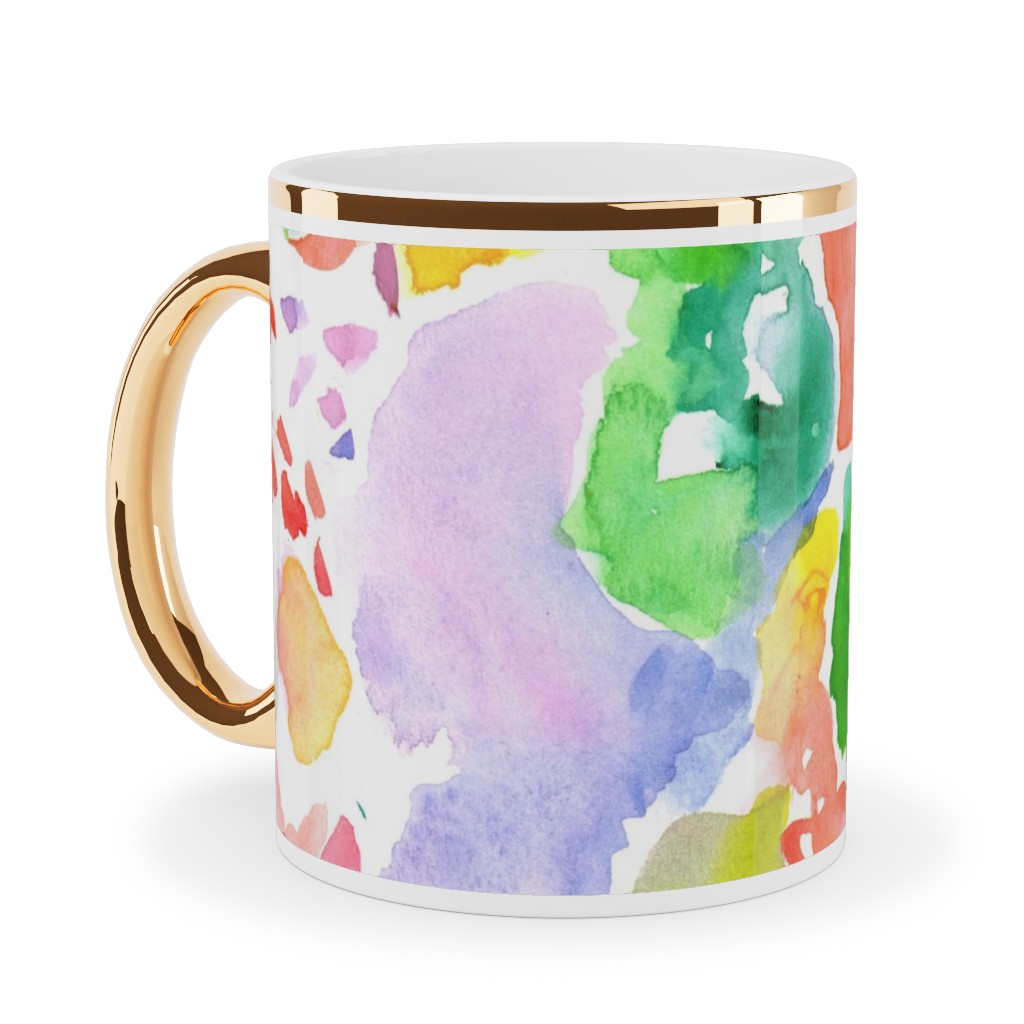 Happy Abstract Watercolor Ceramic Mug, Gold Handle,  , 11oz, Multicolor