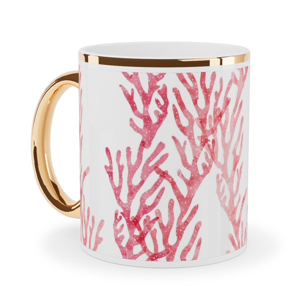 Coral - Pink Ceramic Mug, Gold Handle,  , 11oz, Pink