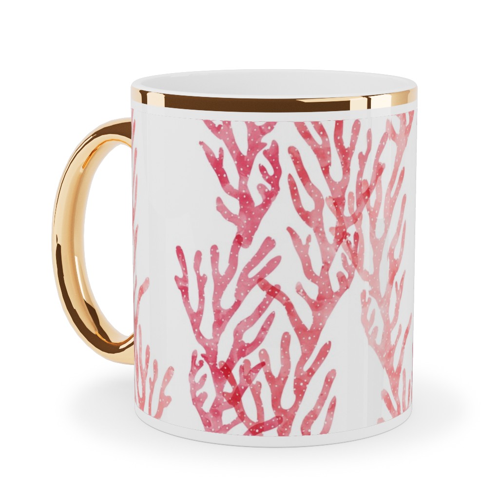 Coral - Pink Ceramic Mug, Gold Handle, , 11oz, Pink, Bright Pink