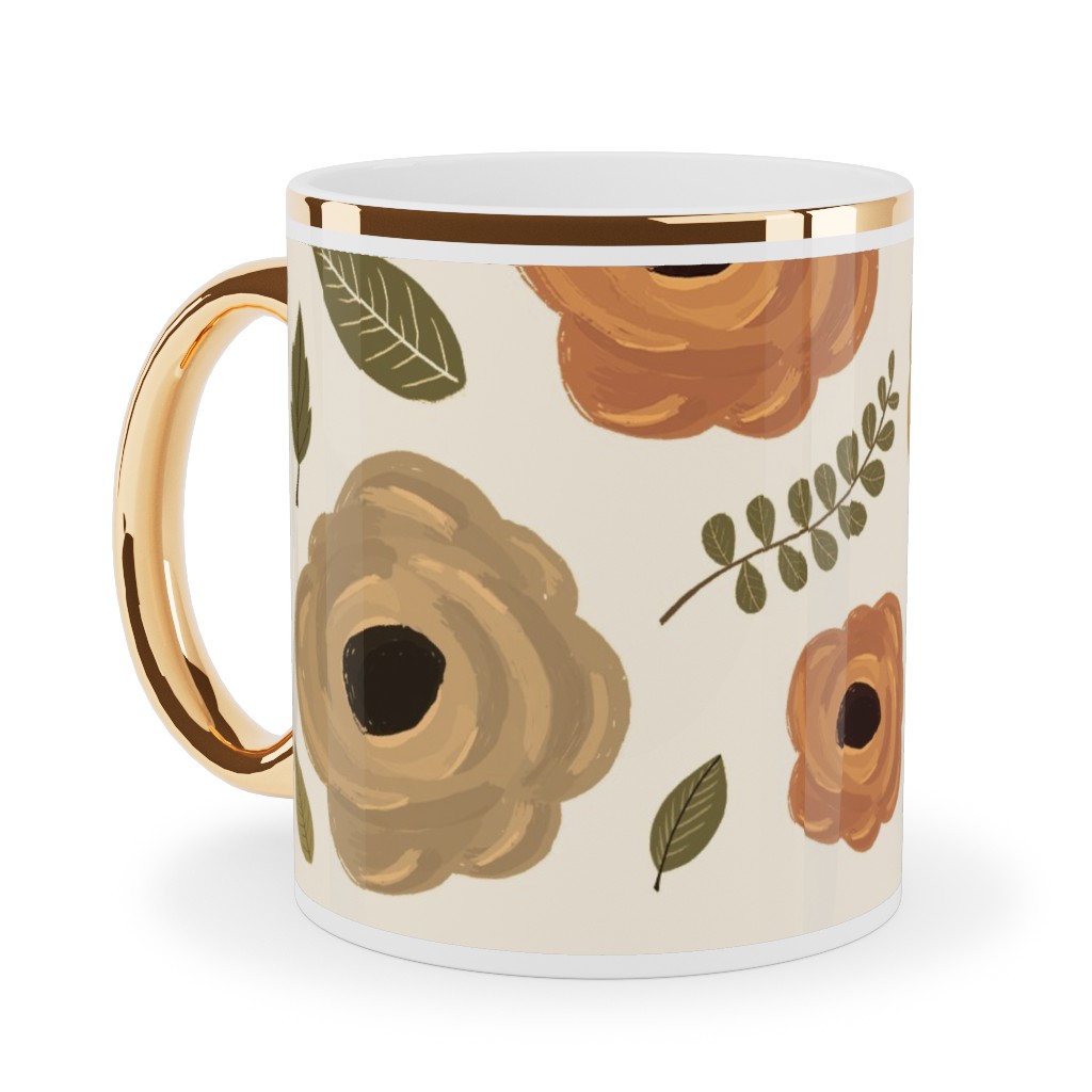 Fall Flowers - Light Ceramic Mug, Gold Handle, , 11oz, Multicolor